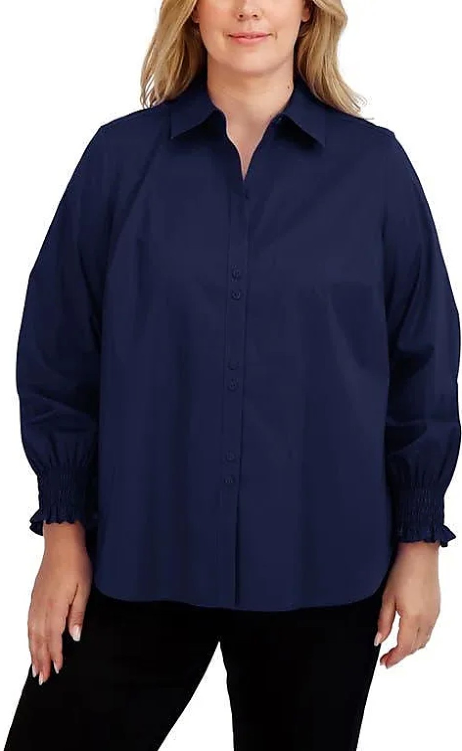 Femmes Peuple libre Chemises | Chemise Boutonnee En Coton Melange A Poignets Smockes Olivia En Bleu Marine Chez Nordstrom, Taille 1X