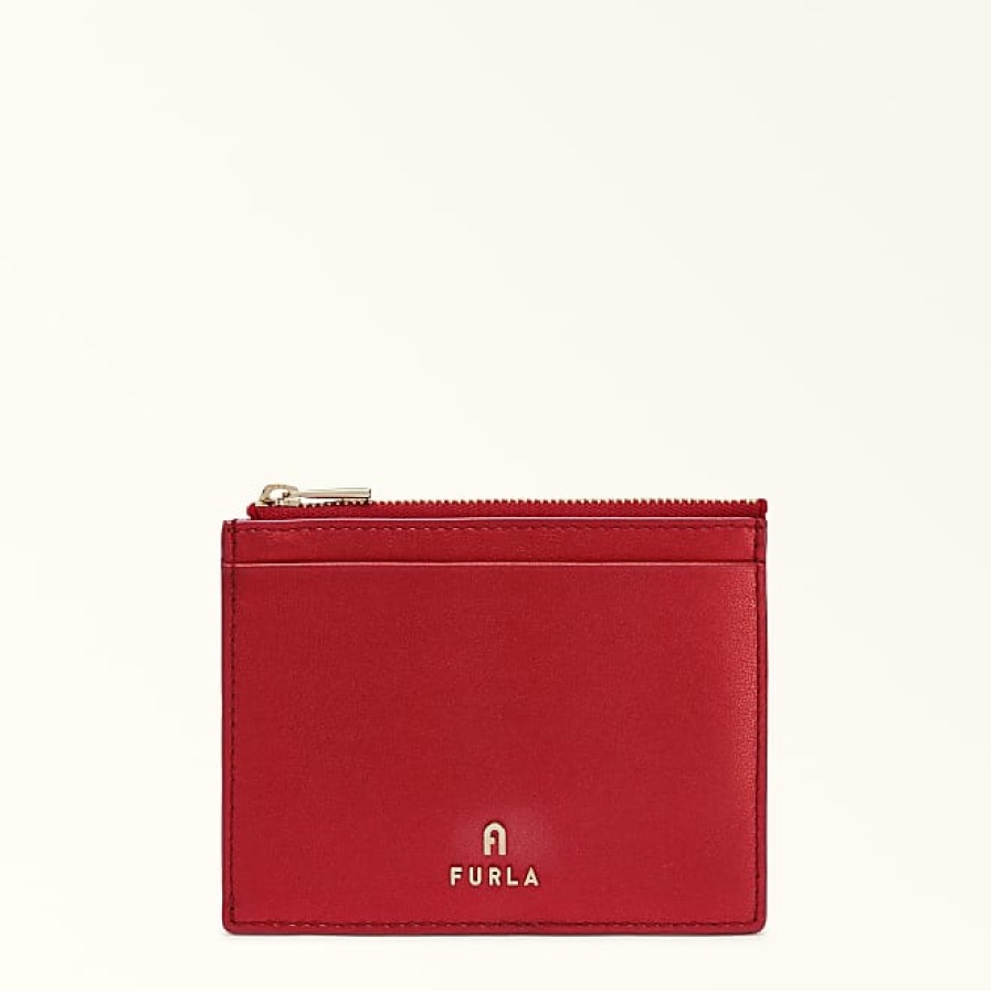 Femmes Prada Portefeuilles | Porte-Cartes Camelia Rosso Veneziano Metal Rouge Cuir De Veau Claris Femme