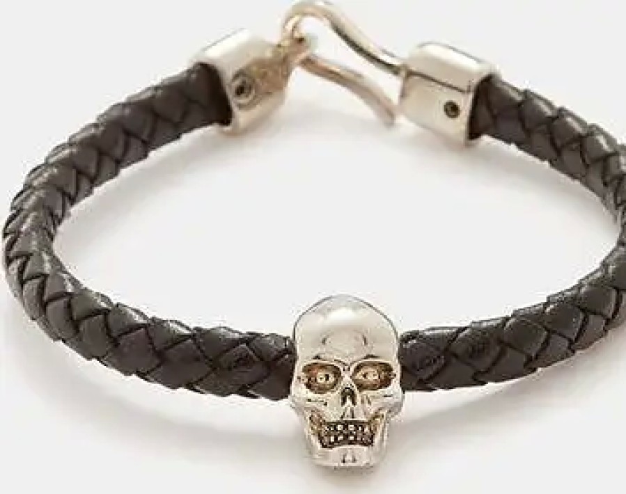 Hommes Ferragamo Bijoux | Alexander Mcqueen - Bracelet En Cuir Tresse Skull - Homme - Noir