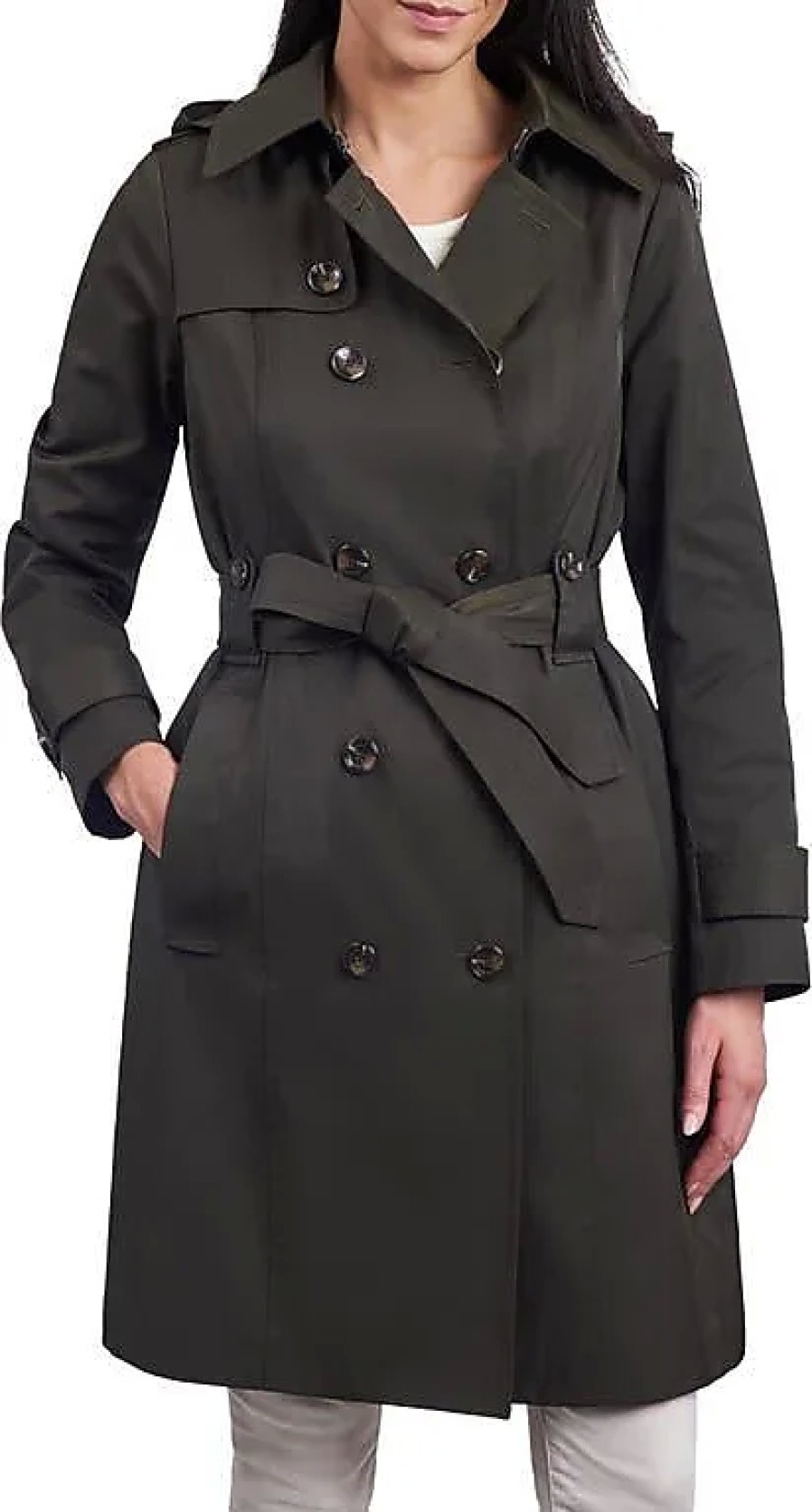 Femmes Raey Manteaux | Trench-Coat Hydrofuge A Ceinture Avec Capuche Amovible En Olive Chez Nordstrom, Taille X-Small