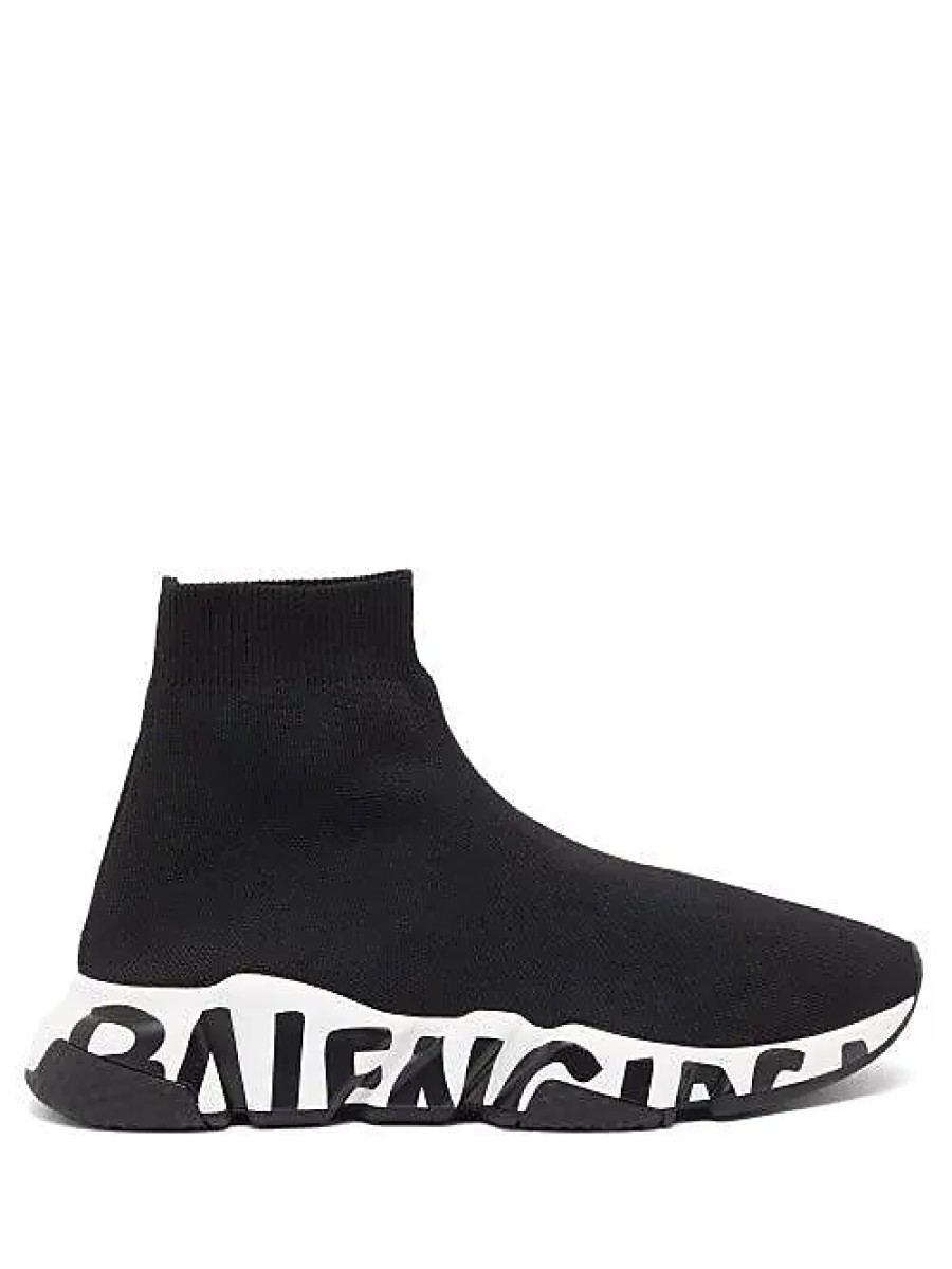 Femmes Balenciaga Chaussures D'Ete | Baskets Speed Graffiti-Print - Femme - Noir Blanc