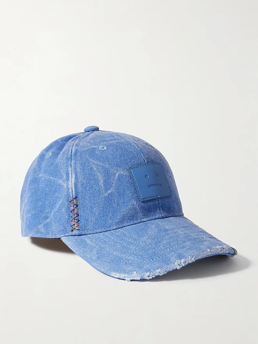 Femmes Moncler Casquettes | Casquette De Baseball En Toile De Coton Effet Vieilli Avec Applique En Cuir - Bleu - Taille Unique