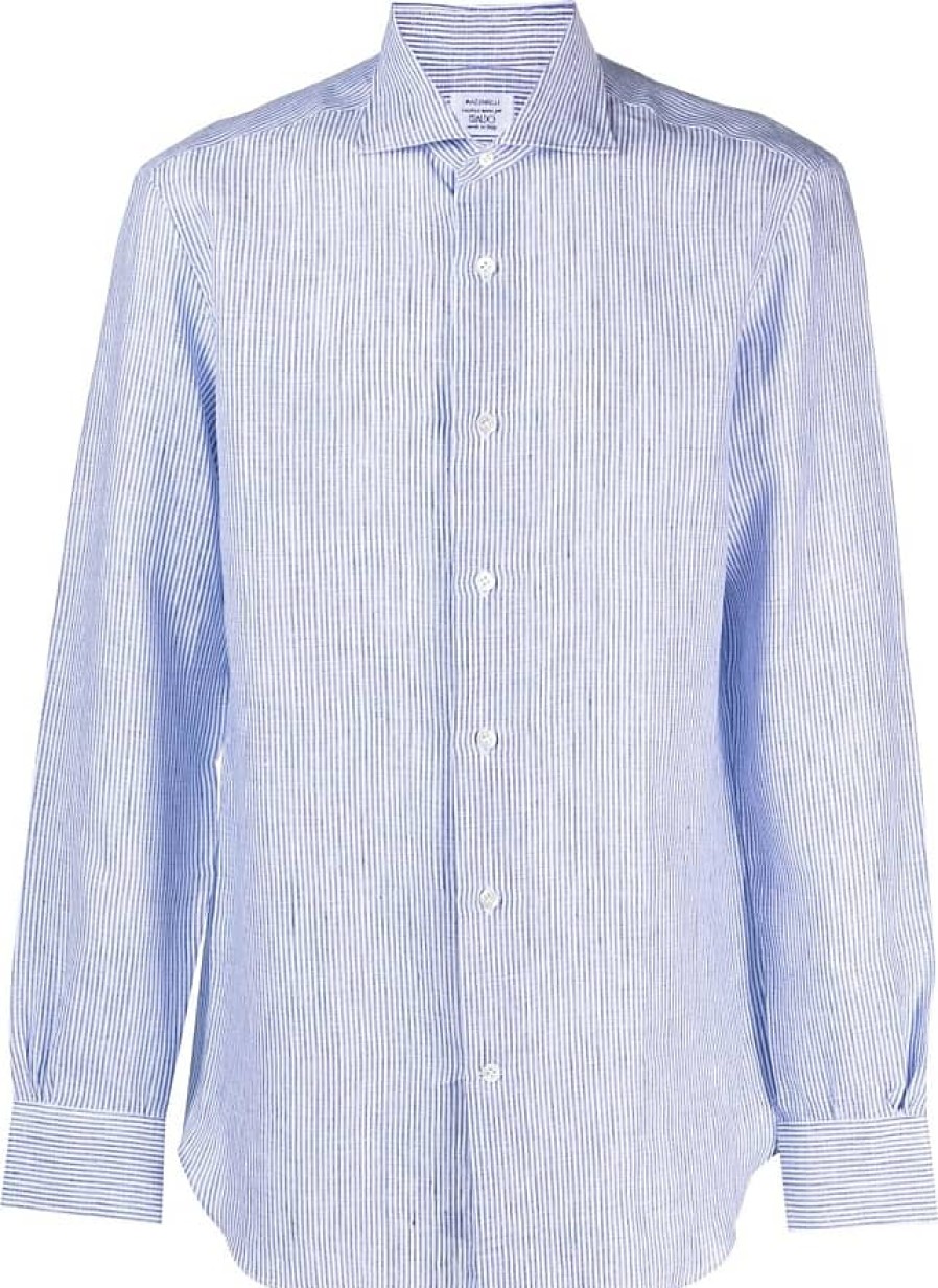 Femmes Luca Faloni Chemises | Chemise Rayee En Lin/Lin - Homme - Lin/Lin - 39 - Bleu