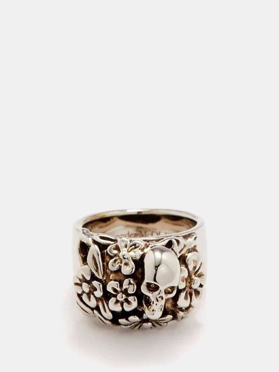 Hommes Tous les saints Bijoux | Alexander Mcqueen - Bague Tete De Mort Florale - Homme - Argent