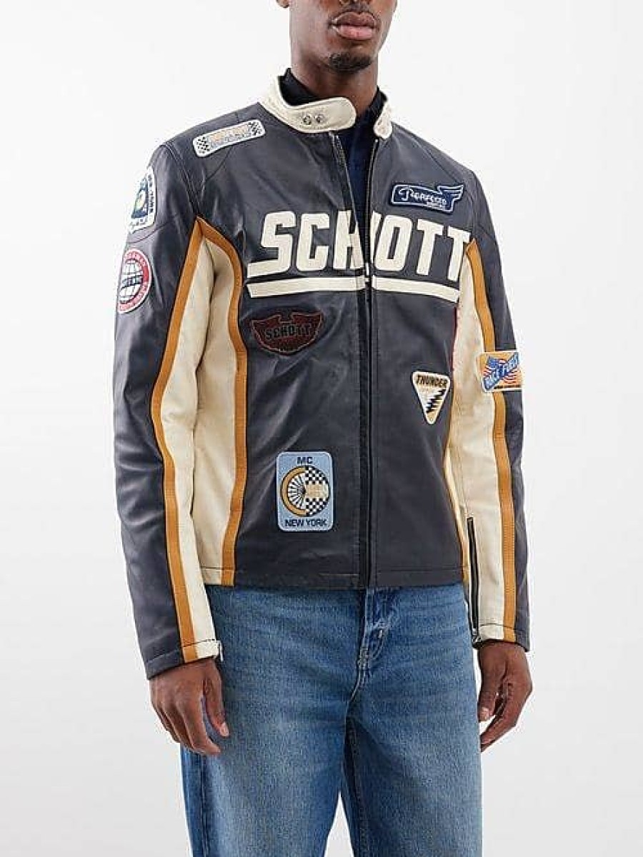 Hommes Reiss Vestes | Schott Nyc - Veste De Motard En Cuir Avec Patch Logo - Hommes - Marine Multi