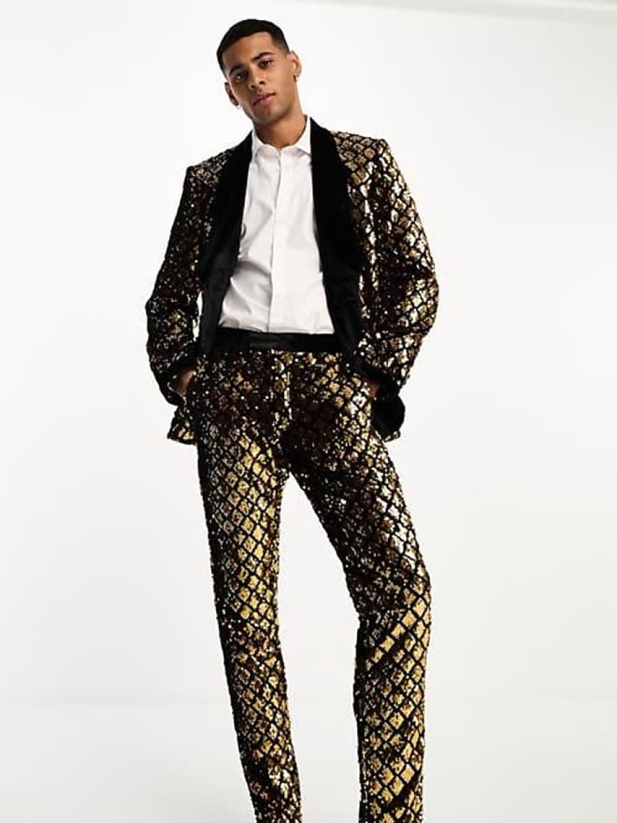 Hommes Asos Pantalon | Pantalon De Costume A Paillettes Coupe Skinny En Or Chez Nordstrom, Taille 30 X 30