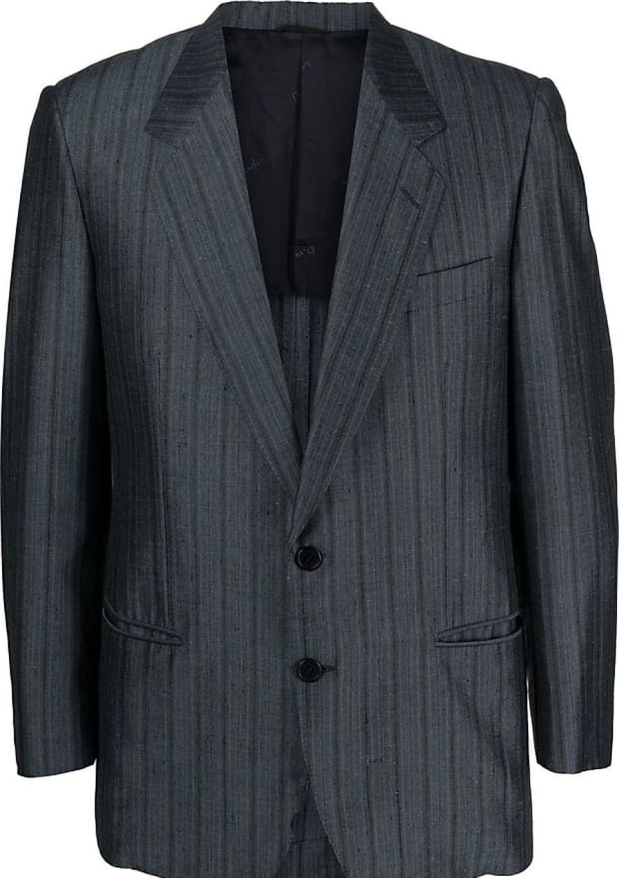 Hommes Luca Faloni Costumes | Blazer A Revers Crantes A Fines Rayures Des Annees 1990 - Homme - Soie/Laine/Soie - M - Bleu