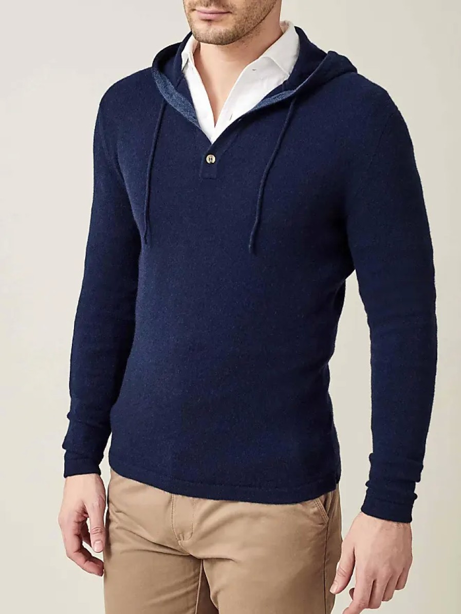 Hommes Stio Chandails | Sweat A Capuche Pur Cachemire Bleu Marine