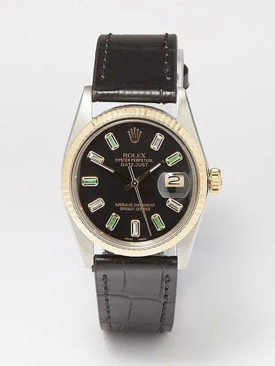 Femmes Ferragamo Montres | Montre Vintage Rolex Datejust 35 Mm Emeraude Et Acier - Femme - Noir Multi