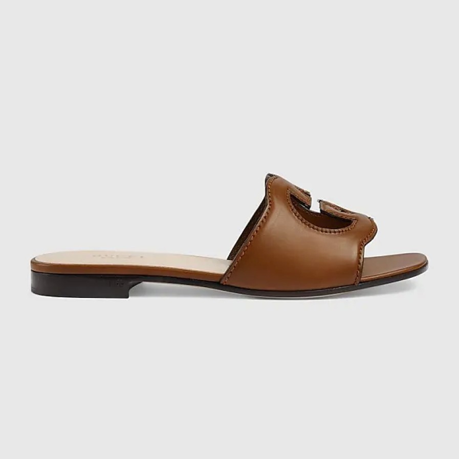 Femmes Flatté Des Sandales | Sandale A Glissiere Avec Decoupe G Entrelacee Pour Femme, Marron, Cuir