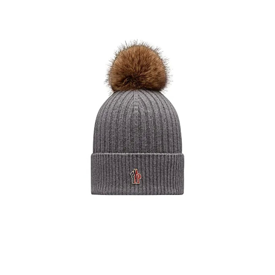 Femmes Moncler Chapeaux D'Hiver | Bonnet En Cachemire Avec Pom Pom Gris Taille Unique