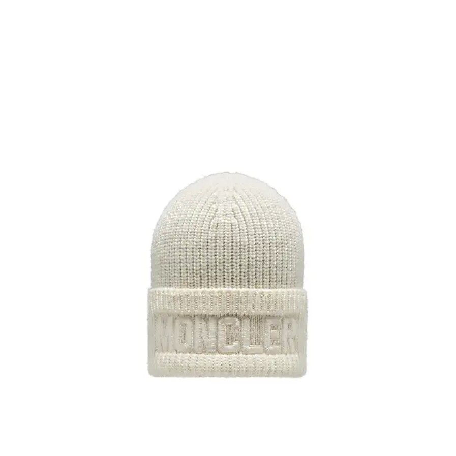 Femmes Moncler Chapeaux D'Hiver | Bonnet En Laine A Logo Brode Blanc Taille Unique