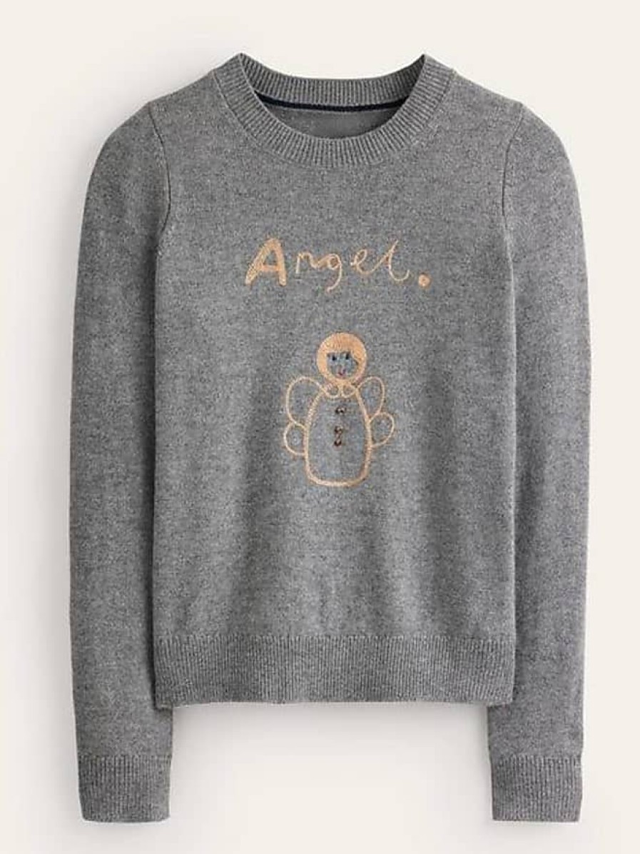 Femmes Vêtements Vuori Chandails | Pull Brode Festif Gris Melange, Ange Femme Boden