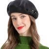 Femmes Dunhill Chapeaux D'Hiver | Beret Francais Pour Femmes, Casquette De Beret Chaude Reversible En Tricot De Cachemire De Couleur Unie Pour Filles (Deux Fleurs Noires)