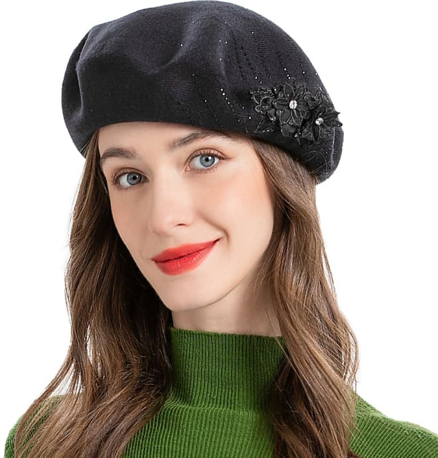 Femmes Dunhill Chapeaux D'Hiver | Beret Francais Pour Femmes, Casquette De Beret Chaude Reversible En Tricot De Cachemire De Couleur Unie Pour Filles (Deux Fleurs Noires)