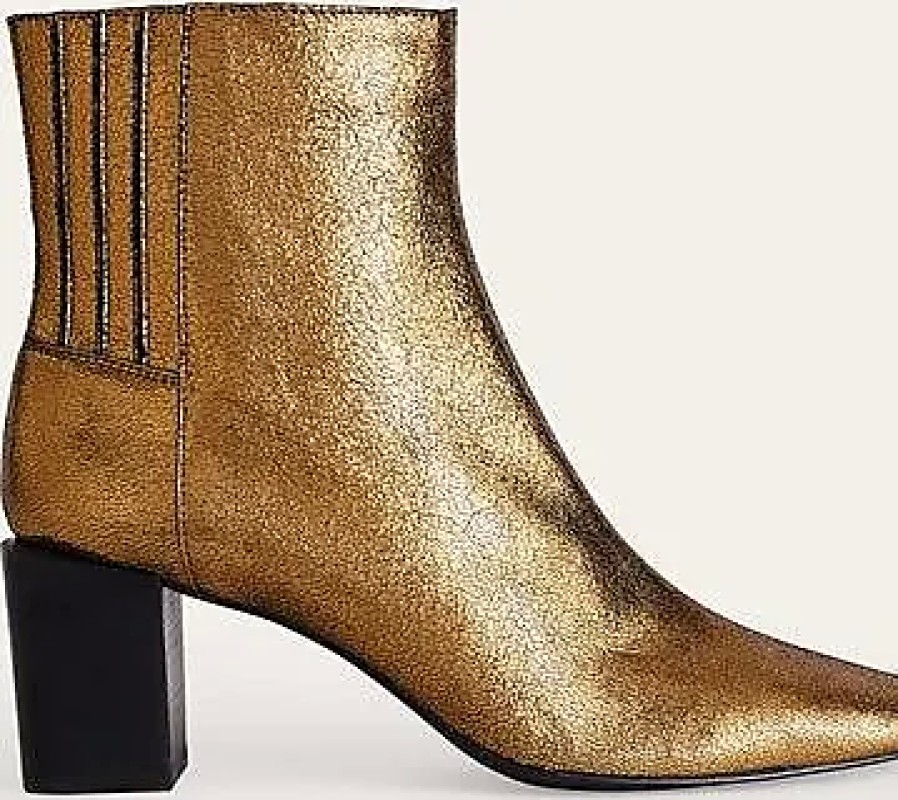 Femmes Boden Bottines | Bottines En Cuir A Talon Carre Cuir Metallise Froisse Dore Femme Boden