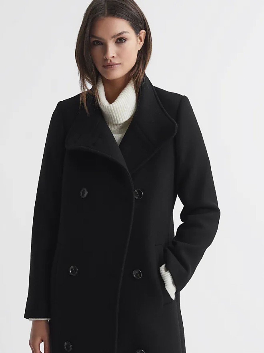 Femmes Reiss Manteaux | Blair - Manteau Long Noir A Double Boutonnage En Laine Melangee, Us 10