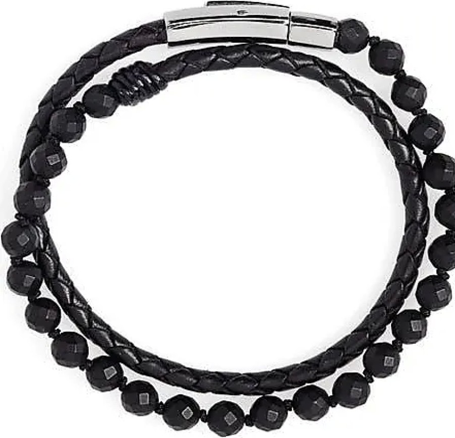 Hommes Ferragamo Bijoux | Bracelet En Onyx Et Cuir Noue A La Main En Noir Chez Nordstrom