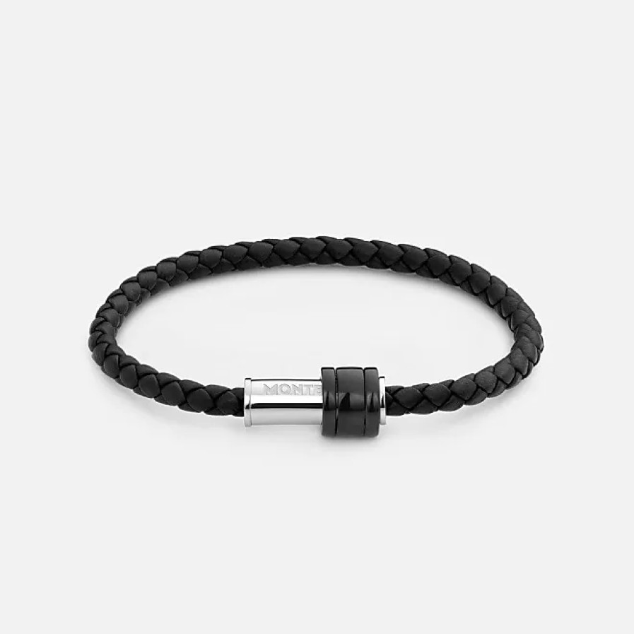 Hommes Ferragamo Bijoux | Bracelet En Cuir Noir Tresse Avec Fermeture En Acier, Finition Pvd Noir Et Trois Anneaux