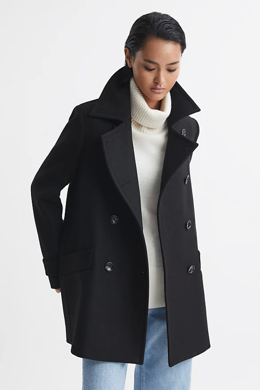 Femmes Reiss Manteaux | Maisie - Manteau Croise En Laine Melangee Noire, Us 0