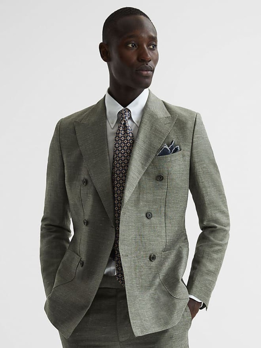 Hommes Paul Smith Costumes | Riva - Blazer Croise En Laine Et Lin Coupe Slim Sauge, 40