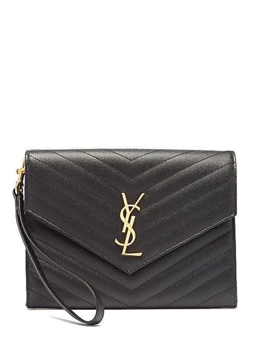 Femmes Saint-Laurent Sacs | Pochette A Dragonne En Cuir Graine Ysl-Plaque