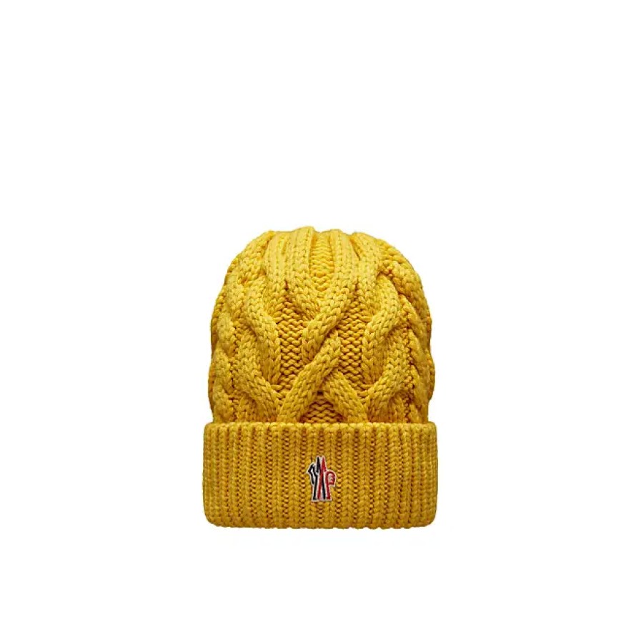 Femmes Moncler Chapeaux D'Hiver | Bonnet En Laine Tricotee Torsadee Jaune Taille Unique