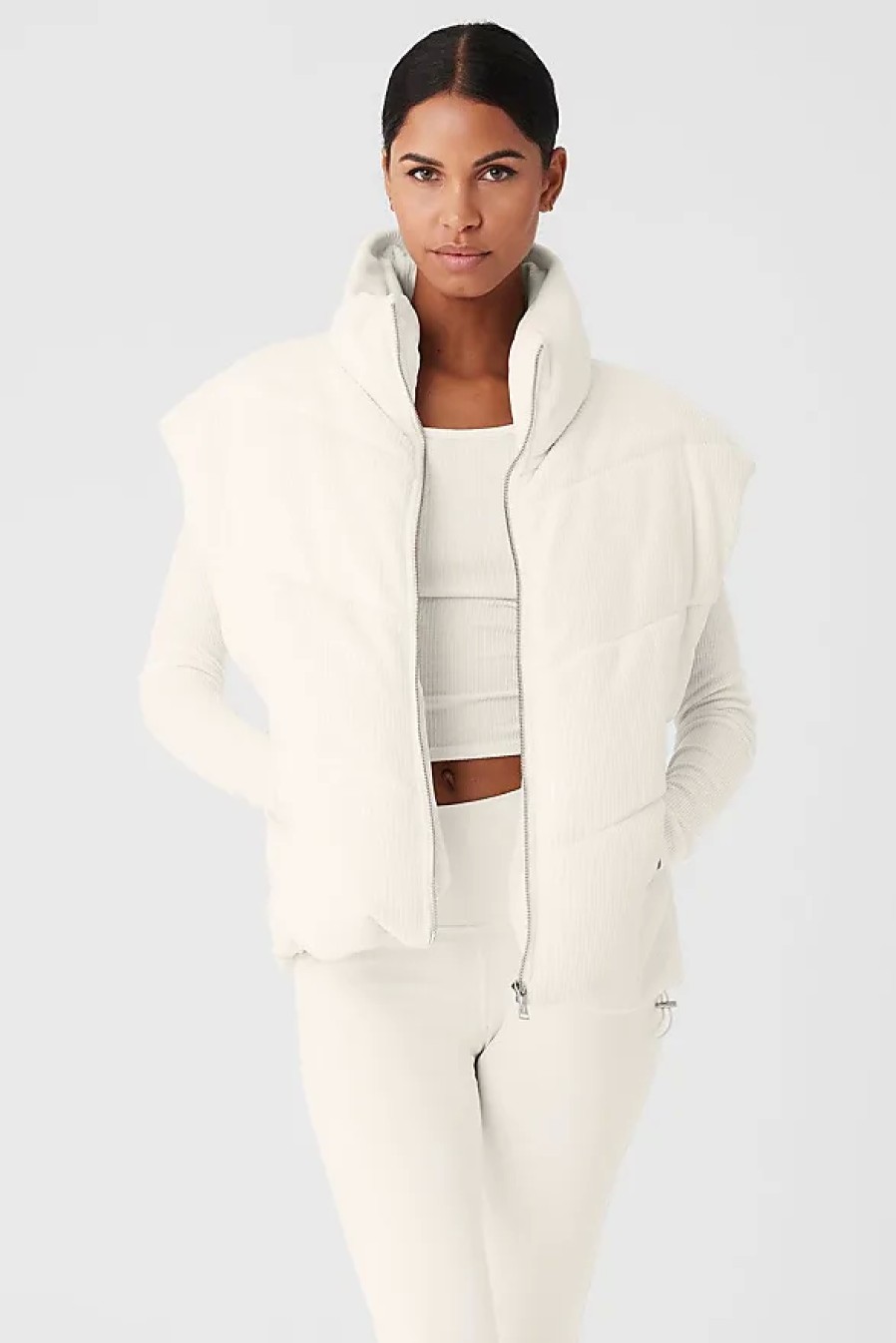 Femmes Moncler Gilets | Gilet Doudoune Cote Montagne En Velours Cotele En Blanc Ivoire, Taille: Moyen