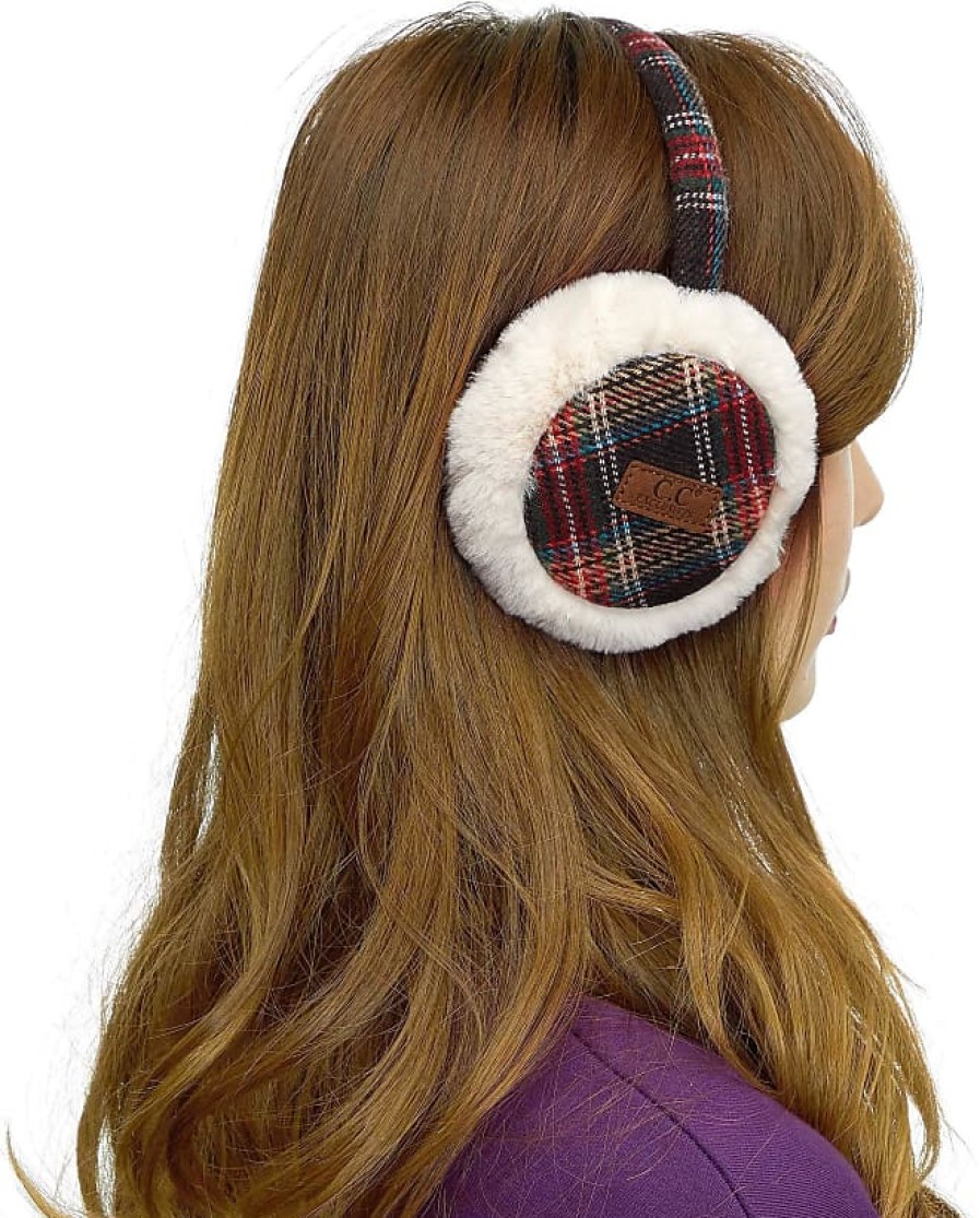 Femmes années 180 Cache-Oreilles | Cache-Oreilles A Carreaux Tartan Avec Fausse Fourrure (Em-2339) (Marron)