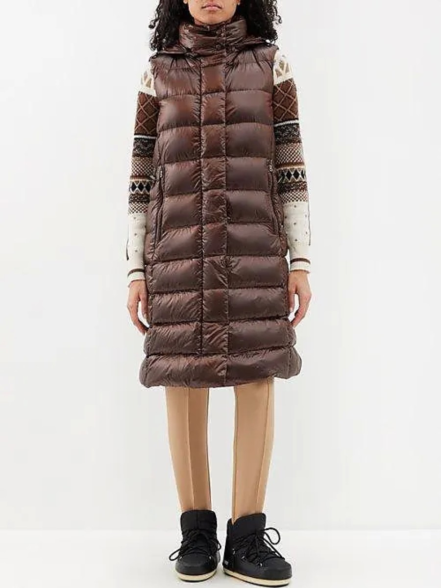 Femmes Doen Gilets | Lisa - Gilet Long A Capuche En Duvet - Femme - Marron