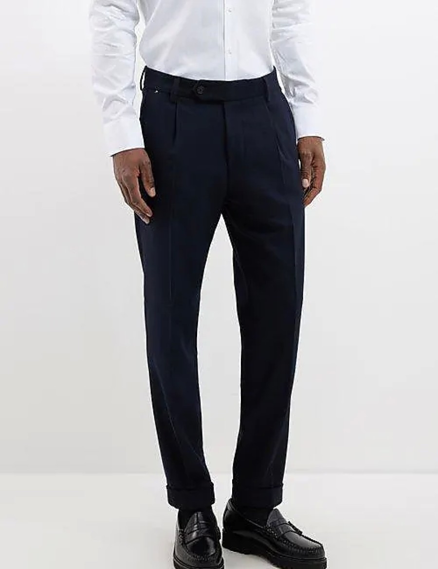 Hommes Paul Smith Pantalon | Boss - Pantalon En Serge Plisse - Hommes - Marine Fonce