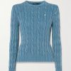 Femmes Majé Chandails | Pull En Coton Tricote Torsade Brode Julianna - Bleu - Xx Small,X Small,Small,Medium,Large