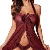 Femmes Mapale Vetements De Detente | Lingerie De Noel Pour Femme Sexy En Dentelle Nuisette Ouverte Sur Le Devant, Ensemble De Lingerie Dos Nu Bordeaux