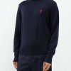 Hommes Paul Smith Chandails | Ami - Pull A Col Roule En Laine Avec Logo Ami De Coeur - Hommes - Marine Fonce