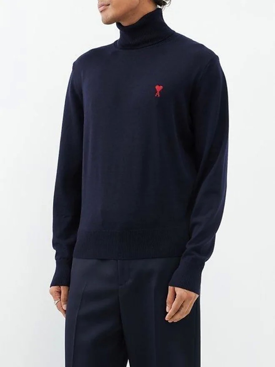 Hommes Paul Smith Chandails | Ami - Pull A Col Roule En Laine Avec Logo Ami De Coeur - Hommes - Marine Fonce