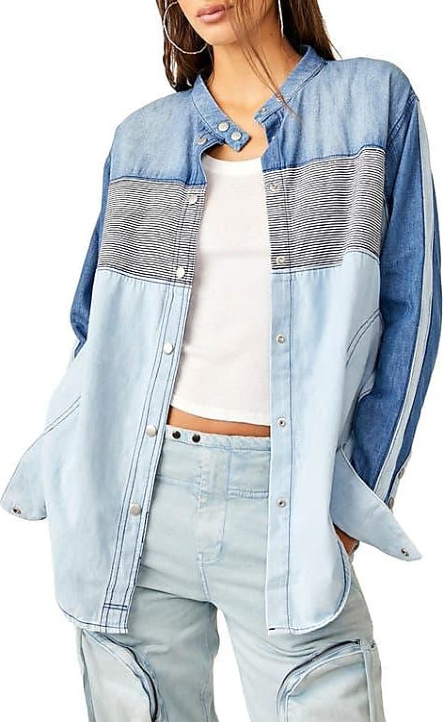 Femmes Raey Chemises | Chemise Boutonnee En Coton Moto Colorblock En Combo Bleu Chez Nordstrom, Taille X-Small