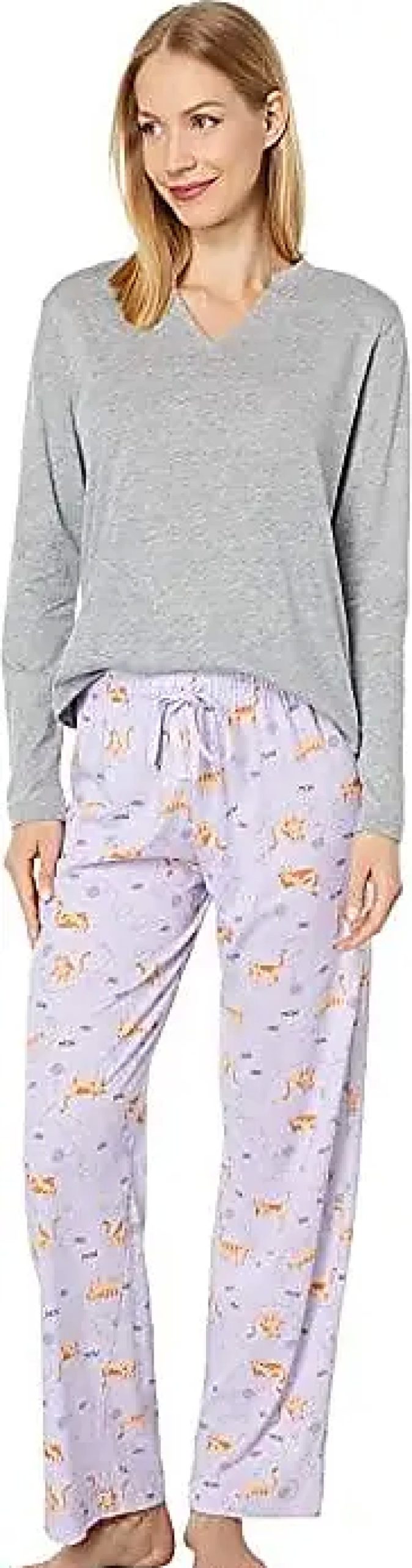 Femmes Ralph Lauren Vetements De Detente | Ensemble Pyjama Avec T-Shirt A Manches Longues Et Col Fendu Petite (Gris/Kitty) Ensembles De Pyjama Pour Femmes