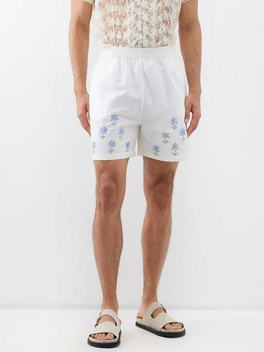 Hommes Reiss Pantalon | Harago - Short En Coton Brode De Fleurs - Hommes - Blanc Casse