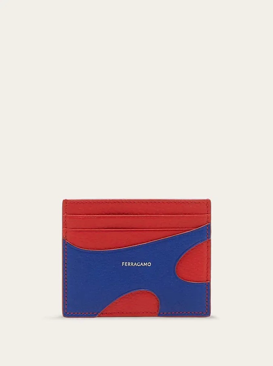 Hommes Ferragamo Portefeuilles | Porte-Carte De Credit Decoupe Homme Rouge/Lapis Lazuli