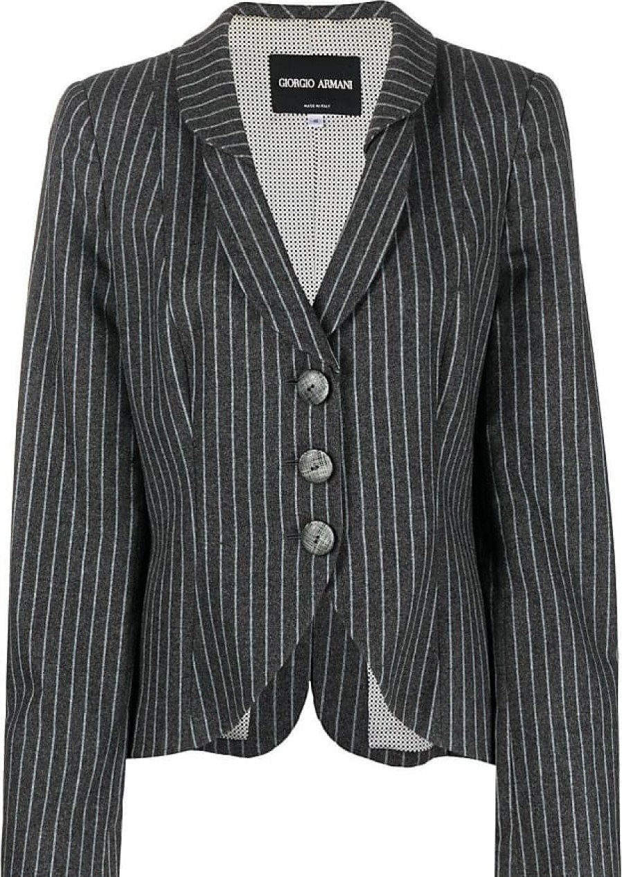 Femmes Burberry Costumes | Blazer A Fines Rayures A Revers Crantes Des Annees 1990 - Femme - Laine/Acetate/Cupro - 46 - Gris