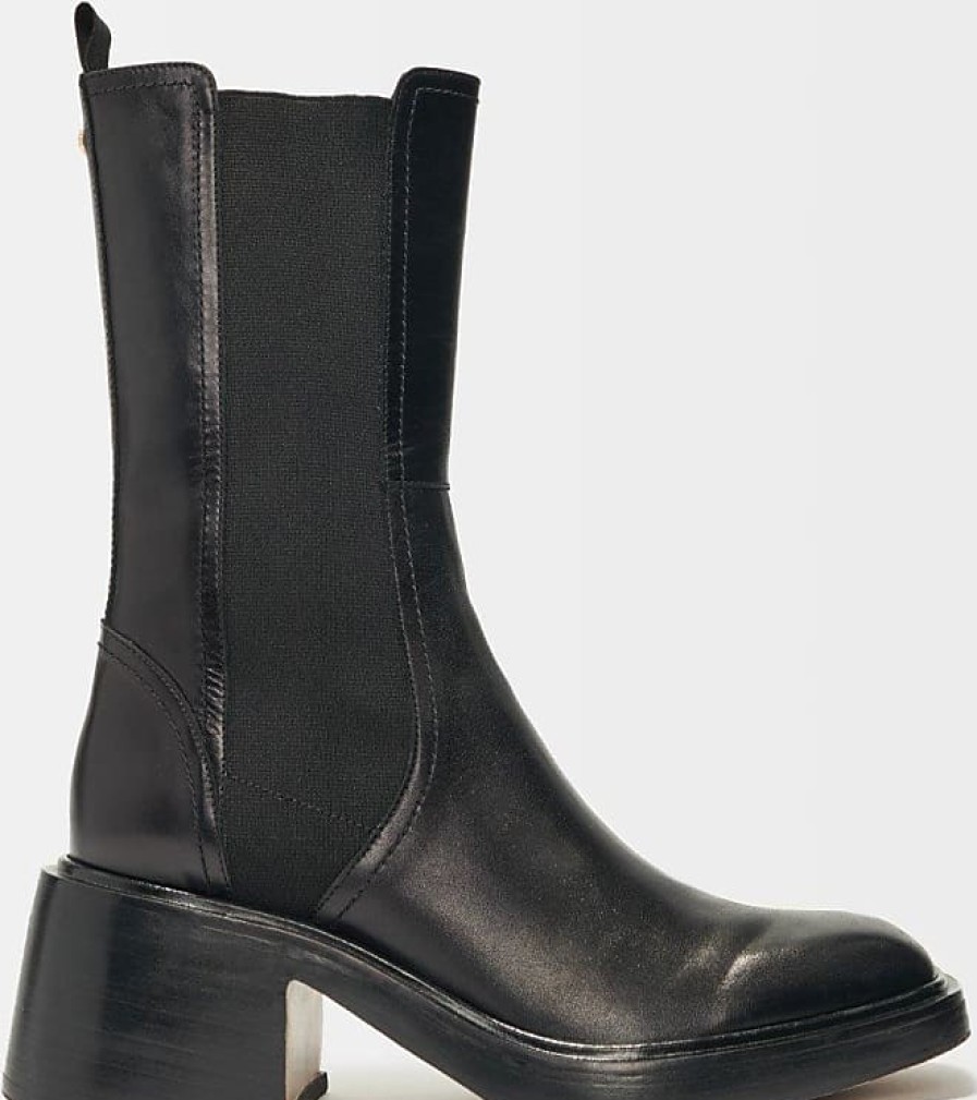 Femmes Flatté Bottines | Dessus De Vache Pour Femme : Bottines En Cuir Noir Et Bout Carre Pour L'Automne/Hiver, Taille Moyenne, De Couleur Noir/Noir